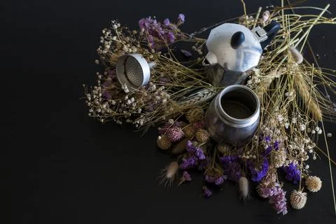 Coffee making concept. Ingredients for making moka coffee. Moka pot with coff Stock Photos
