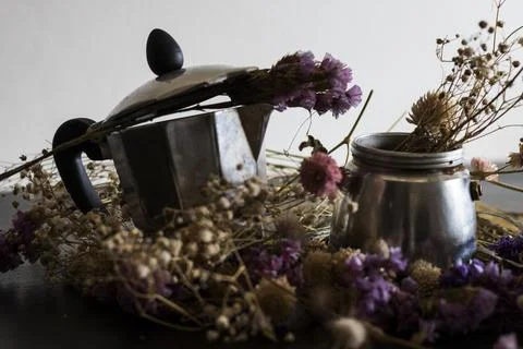 Coffee making concept. Ingredients for making moka coffee. Moka pot with coff Stock Photos