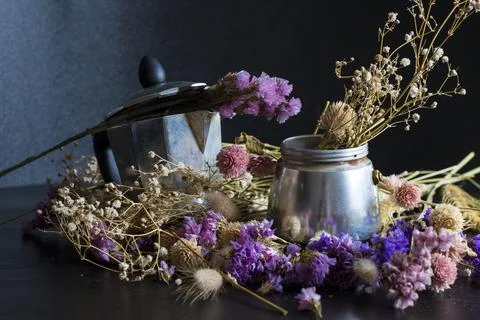 Coffee making concept. Ingredients for making moka coffee. Moka pot with coff Stock Photos