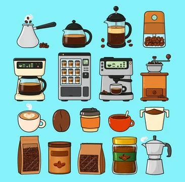 Coffee making equipment and drink flat illustration set Stock Illustration