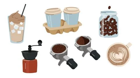 Coffee making equipment and drinks set flat vector illustration Stock Illustration