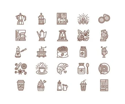 Coffee making equipment vector line icons. Tools - moka pot, french press Stock Illustration