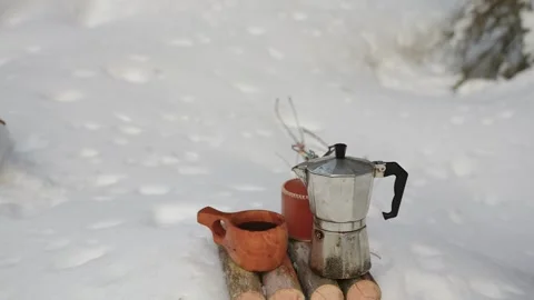 Coffee-making gear for winter hiking. Video stock 304166953
