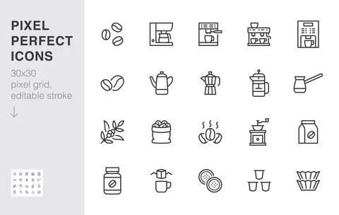 Coffee making line icon set. Drip bag, moka, pod, capsule, arabian, kettle Illustrazione stock