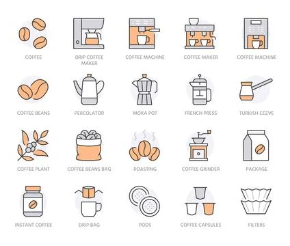 Coffee making line icon set. Drip bag, moka, pod, capsule, arabian, kettle Stock-Illustration