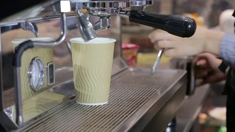 Coffee making process espresso cup and coffee machine bartender make morning Stock Footage 82547178