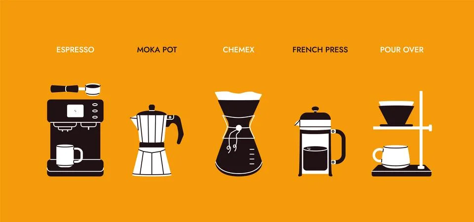 Coffee making types. Different coffee brewing methods cartoon doodle style for Stock Illustration