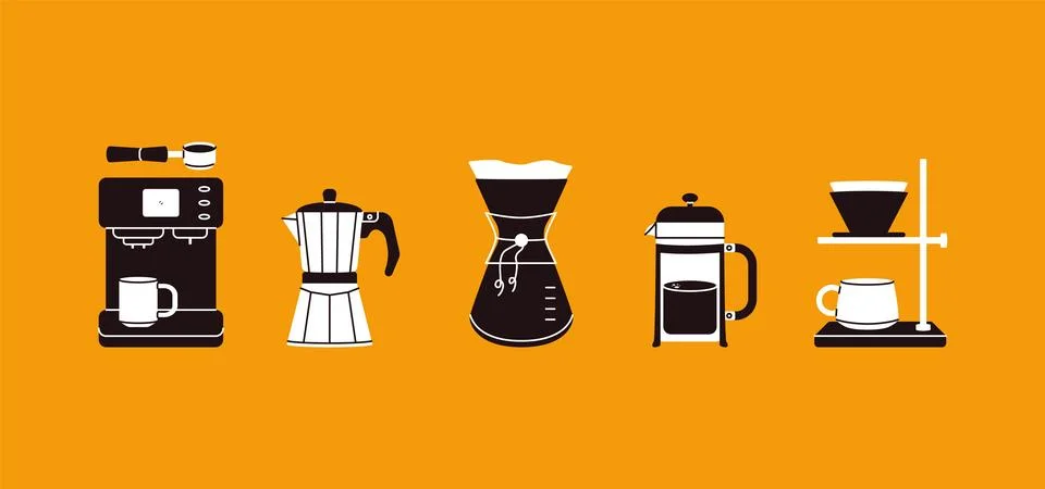 Coffee making types. Different coffee brewing methods cartoon doodle style for Stock Illustration