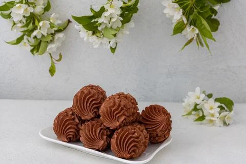 Coffee marshmallows for breakfast with a cup of fragrant coffee Stock Photos