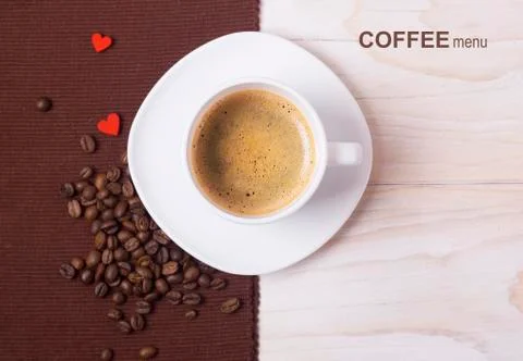 Coffee menu background.White cup and beans Stock Photos