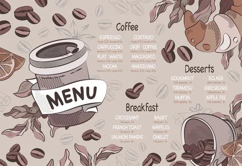 Coffee menu beige vector illustration coffee and croissant takeaway coffee Stock Illustration