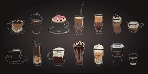 Coffee menu. Chalk chalkboard drawing different types of cold and hot drinks, Stock Illustration