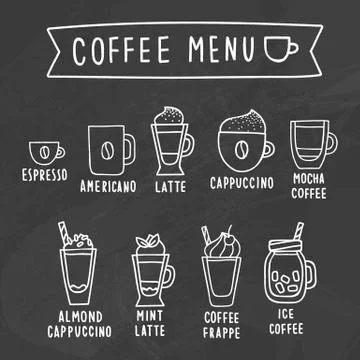 Coffee menu. Chalk drawing on a blackboard. Stock Illustration