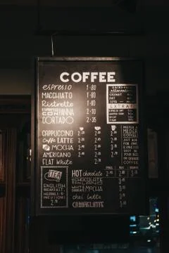 Coffee Menu inside Cafe Nero coffee shop, London, UK. Stock Photos