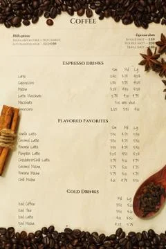 Coffee menu with roasted coffee beans and spices Stock Photos