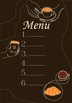 Coffee menu template. Hand drawn line elements, people hold cup and mug with 스톡 일러스트