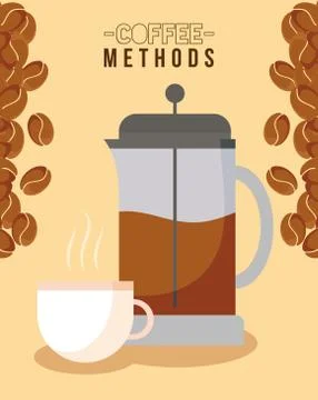 Coffee methods with french press cup and beans vector design Stock Illustration