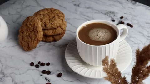 Coffee with Milk in White Cup on Marble Table, Slow Motion 4K Stock Footage 288952603