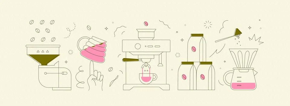 Coffee mill, cup, coffee machine, pack of coffee, coffee maker light yellow Stock Illustration