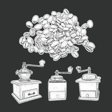 Coffee mill set and coffee beans isolated vector. Stock Illustration