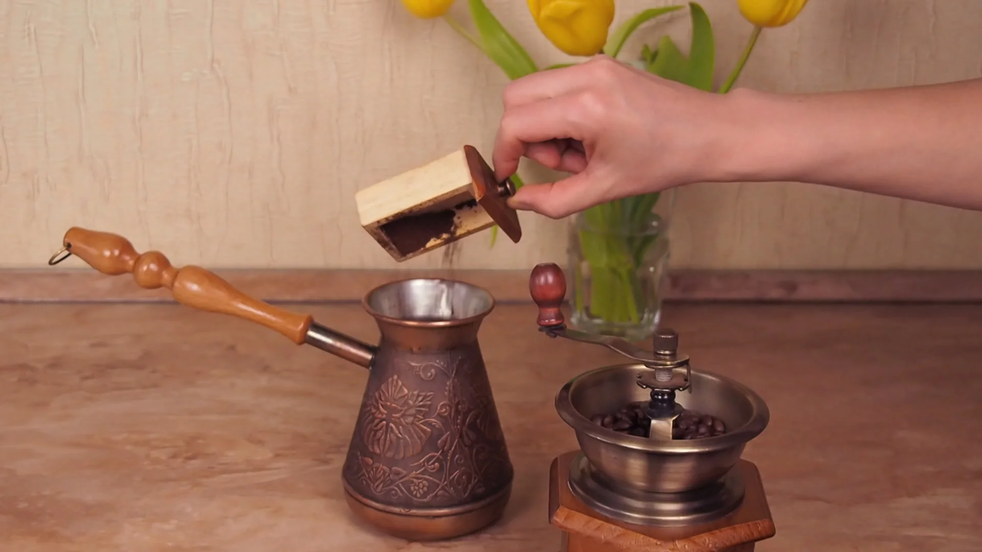 Coffee mill with turka for coffee on the, Stock Video