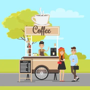 Coffee Mobile Van and Cheerful Couple in Park Ilustração Stock