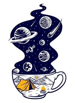 Coffee mountain and galaxy vector illustration hand drawn Stock Illustration