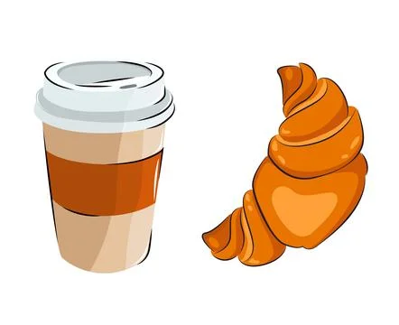 Coffee mug and croissant. Vector isometric, color web icon, new flat style. C Stock Illustration