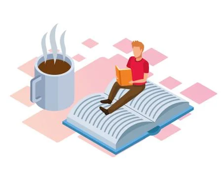 Coffee mug and man reading sitting on a book Stock Illustration