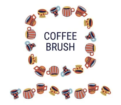 Coffee mug brush. Cute ceramic cup circular frame isolate. Doodle pottery b.. Stock Illustration