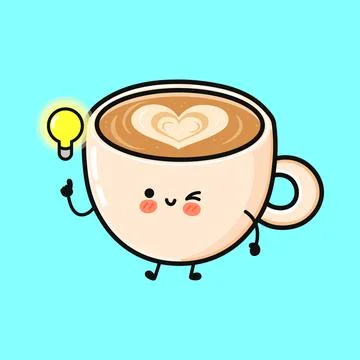 Coffee mug character having idea lightbulb moment Stock Illustration