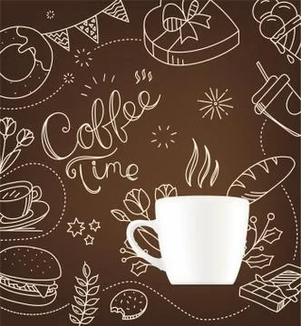 Coffee mug with doodling elements. Cafe menu desing vector template Stock Illustration