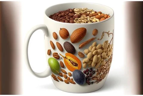 Coffee mug filled with various nuts and dry fruits. Generative AI Stock Illustration
