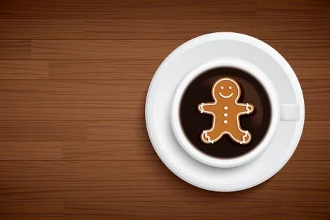 Coffee mug with gingerbread man shape on brown wood table Stock Illustration