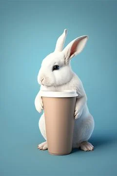 Coffee mug mockup with rabbit on blue background Stock Illustration