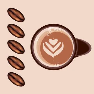 Coffee mug with a pattern of foam and dark coffee beans. Stock Illustration