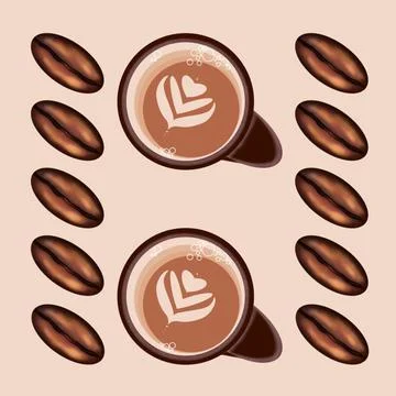 Coffee mug with a pattern of foam and dark coffee beans. Stock Illustration