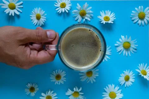 Coffee mug on the table with daisies Stock-Fotos