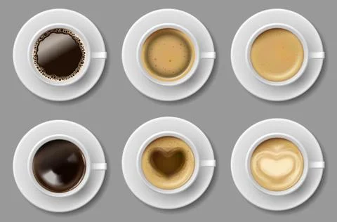 Coffee mug top view collection isolated. Black coffee, cappuccino espresso Stock Illustration