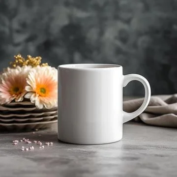 Coffee mug, a white cup on a table with a cupcake and flowers. Styled photo Stock Photos