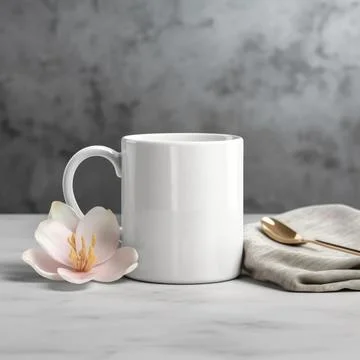 Coffee mug, a white cup on a table with a cupcake and flowers. Styled photo Stock Photos