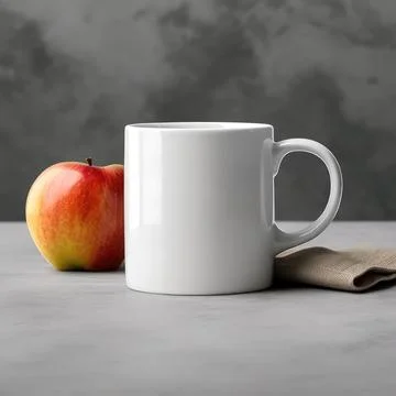 Coffee mug, a white cup on a table with an apple. Styled photo, product mockup Stock Photos