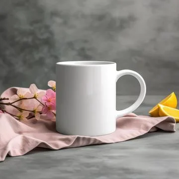 Coffee mug, a white cup on a table with spring flowers. Styled photo, product Stock Photos
