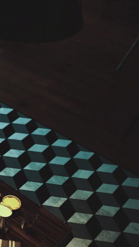 Coffee mugs and geometric patterns on a wooden floor during evening hours Stock Footage 331670634