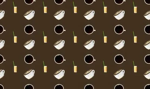 Coffee mugs and glasses with drinks on dark background Stock Illustration