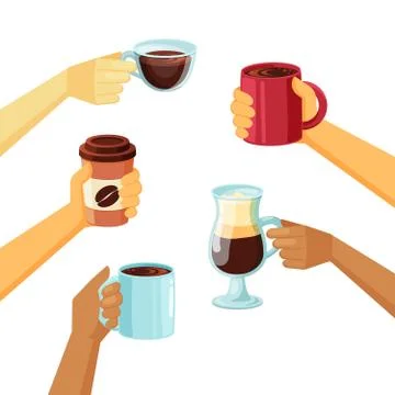 Coffee mugs in hands vector collection in cartoon style Stockillustratie