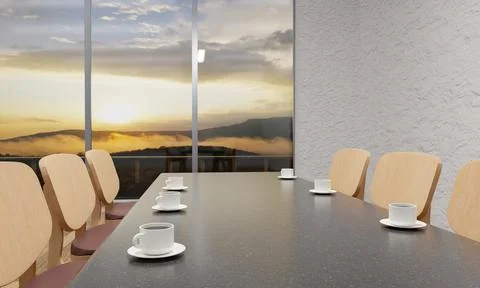 Coffee mugs laid on marble surface tables. And there is a wooden chair In t.. 库存插图