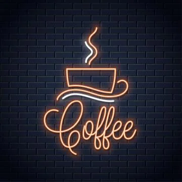 Coffee neon banner. Coffee cup neon sign on wall background Stock Illustration