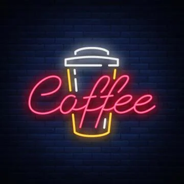 Coffee neon sign logo vector illustration, emblem in neon style, bright night Stock Illustration