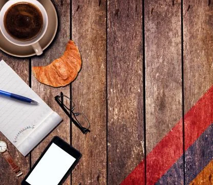 Coffee with the notepad and phone Stock Photos